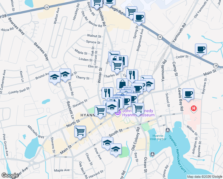 map of restaurants, bars, coffee shops, grocery stores, and more near 46 North Street in Barnstable