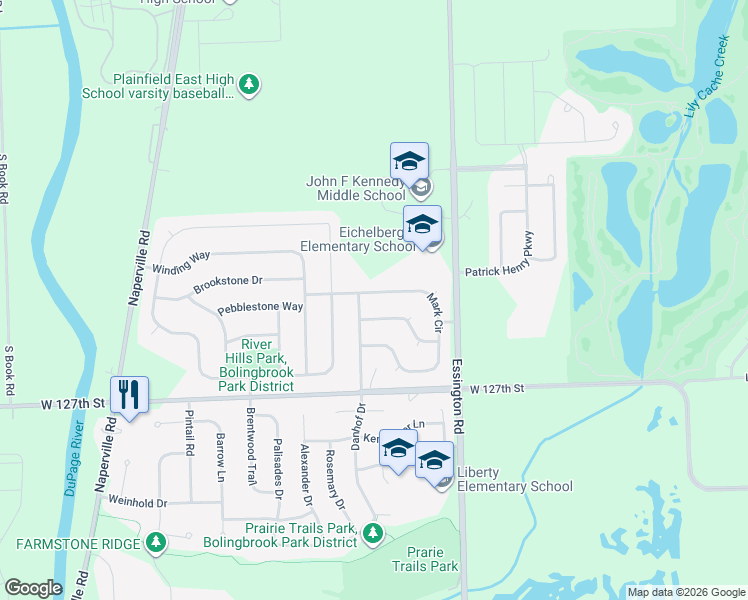 map of restaurants, bars, coffee shops, grocery stores, and more near 2186 Muirfield Trail in Bolingbrook