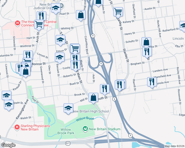 map of restaurants, bars, coffee shops, grocery stores, and more near 57 Ash Street in New Britain
