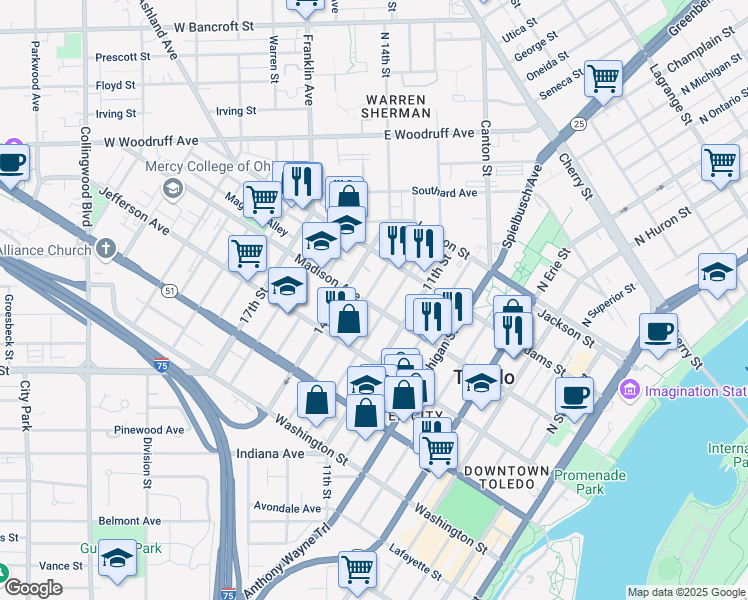map of restaurants, bars, coffee shops, grocery stores, and more near 1216 Madison Avenue in Toledo
