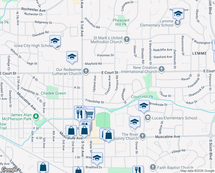 map of restaurants, bars, coffee shops, grocery stores, and more near 433 Crestview Avenue in Iowa City