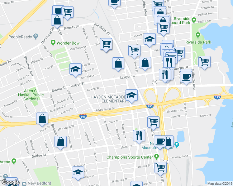 map of restaurants, bars, coffee shops, grocery stores, and more near 506 Coggeshall Street in New Bedford