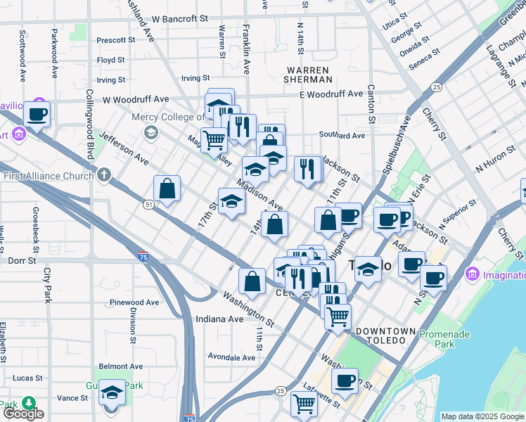 map of restaurants, bars, coffee shops, grocery stores, and more near 329 14th Street in Toledo