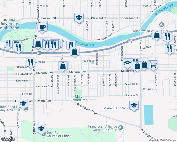 map of restaurants, bars, coffee shops, grocery stores, and more near 2098 Milburn Boulevard in Mishawaka