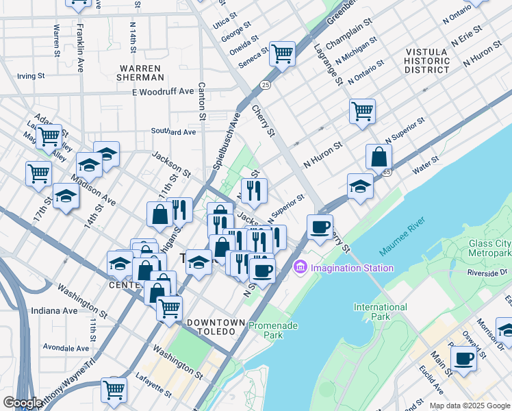 map of restaurants, bars, coffee shops, grocery stores, and more near 604 Jackson Street in Toledo