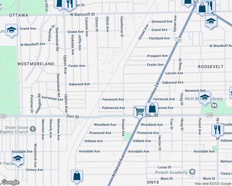 map of restaurants, bars, coffee shops, grocery stores, and more near 1625 Norwood Avenue in Toledo