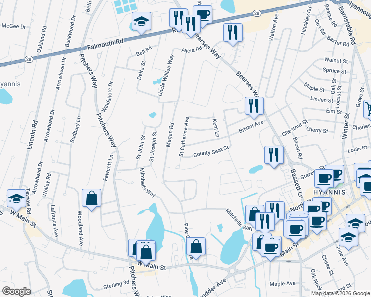 map of restaurants, bars, coffee shops, grocery stores, and more near 8 County Seat Street in Barnstable