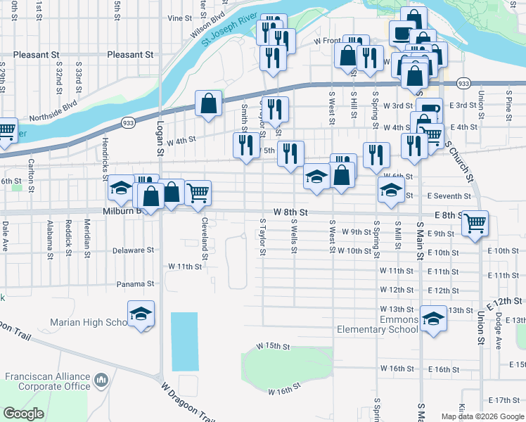 map of restaurants, bars, coffee shops, grocery stores, and more near S Taylor St in Mishawaka