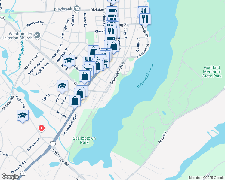 map of restaurants, bars, coffee shops, grocery stores, and more near 152 Crompton Avenue in East Greenwich