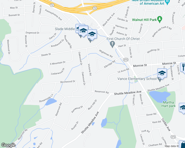 map of restaurants, bars, coffee shops, grocery stores, and more near 127 Victoria Road in New Britain