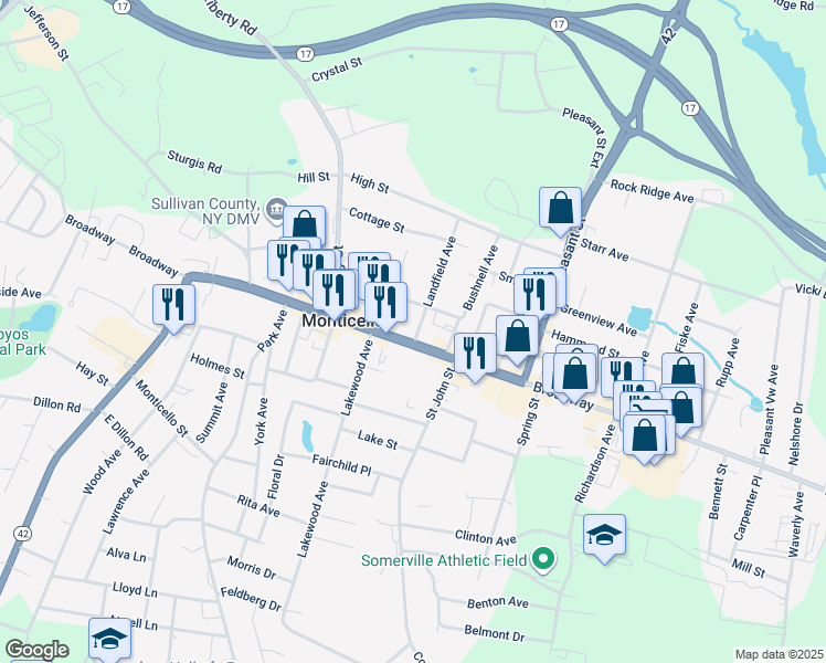 map of restaurants, bars, coffee shops, grocery stores, and more near in Monticello