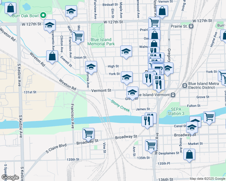 map of restaurants, bars, coffee shops, grocery stores, and more near 2657 Vermont Street in Blue Island