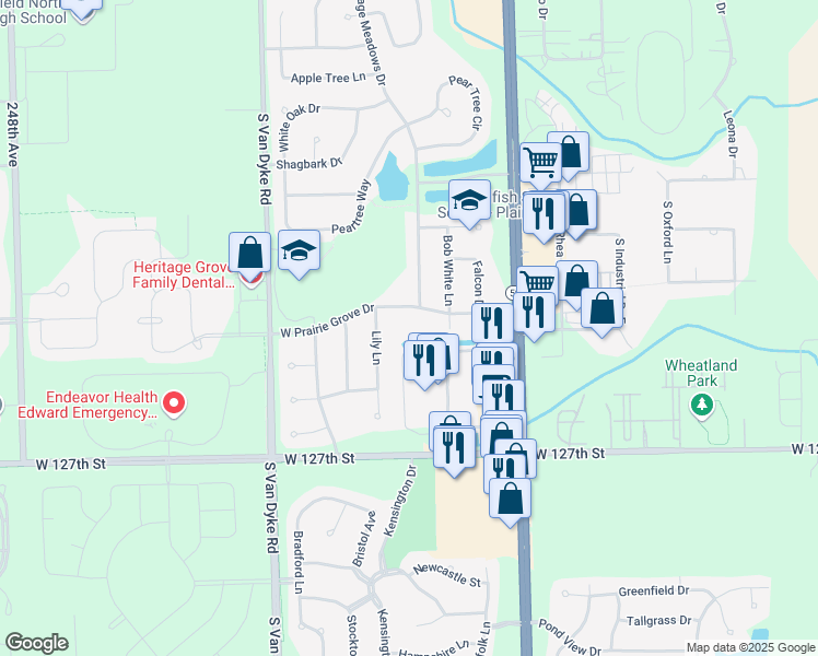 map of restaurants, bars, coffee shops, grocery stores, and more near 24201 Prairie Grove Drive in Plainfield