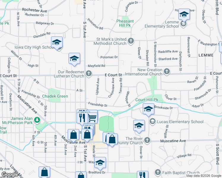map of restaurants, bars, coffee shops, grocery stores, and more near 433 Crestview Avenue in Iowa City