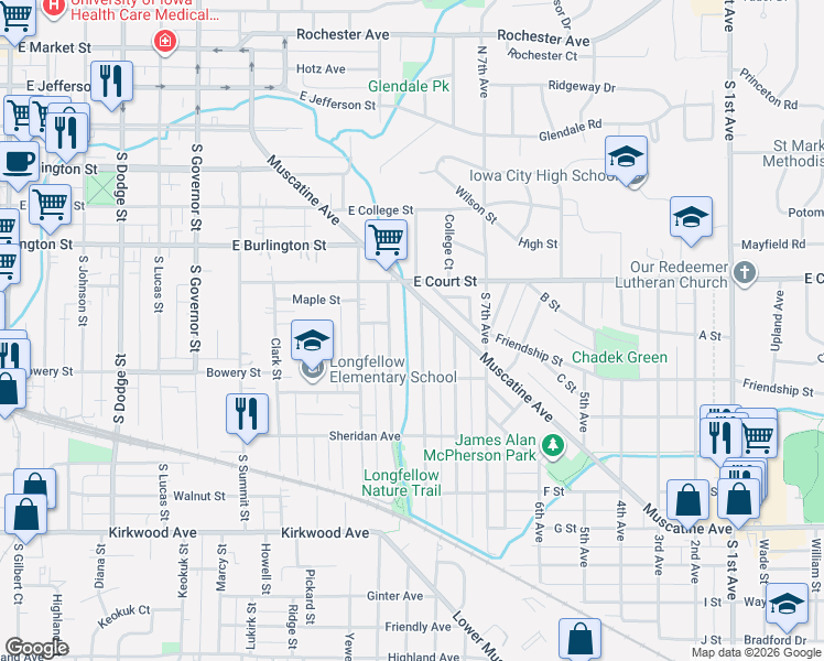map of restaurants, bars, coffee shops, grocery stores, and more near 516 Grant Street in Iowa City