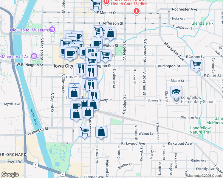 map of restaurants, bars, coffee shops, grocery stores, and more near 510 South Johnson Street in Iowa City