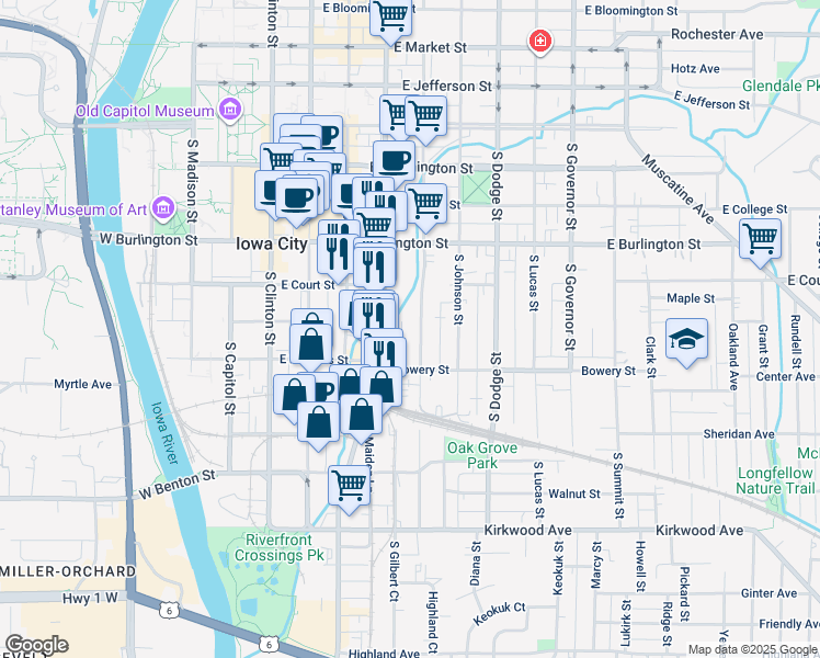 map of restaurants, bars, coffee shops, grocery stores, and more near 516 South Van Buren Street in Iowa City