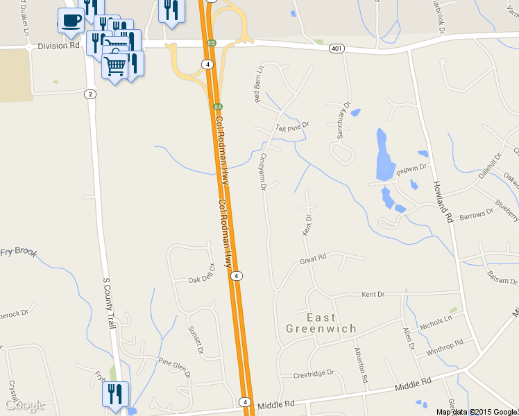 map of restaurants, bars, coffee shops, grocery stores, and more near 97 Cindyann Drive in East Greenwich