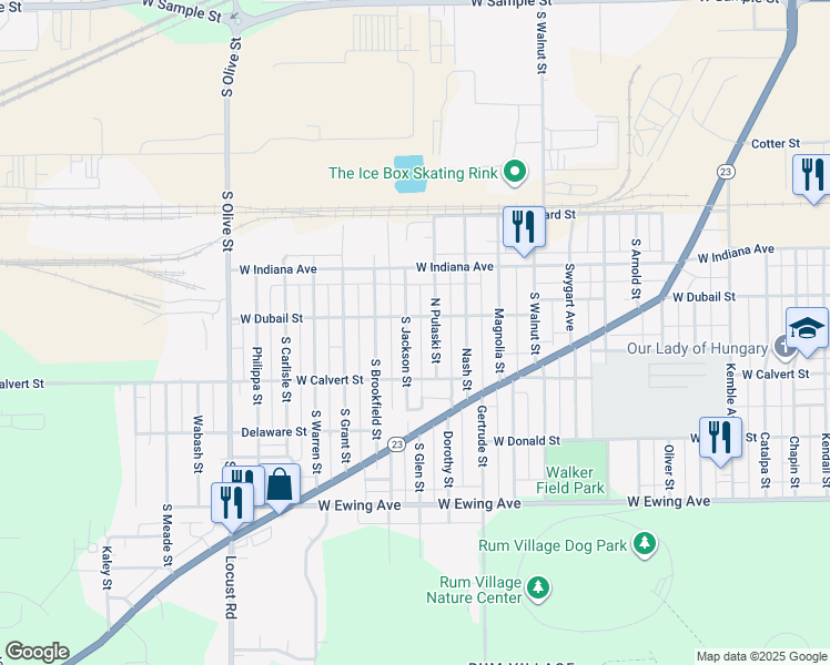 map of restaurants, bars, coffee shops, grocery stores, and more near 1725 North Pulaski Street in South Bend