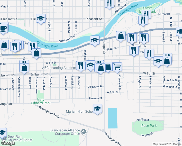 map of restaurants, bars, coffee shops, grocery stores, and more near 1511 Milburn Boulevard in Mishawaka