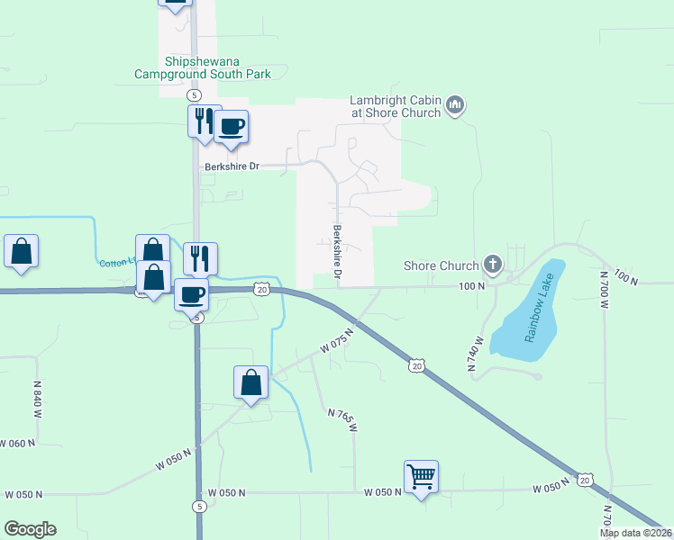 map of restaurants, bars, coffee shops, grocery stores, and more near 1600 Berkshire Drive in Shipshewana