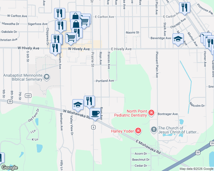 map of restaurants, bars, coffee shops, grocery stores, and more near 57808 Roys Ave in Elkhart