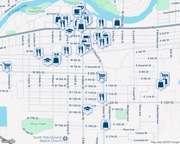 map of restaurants, bars, coffee shops, grocery stores, and more near 128 East 8th Street in Mishawaka