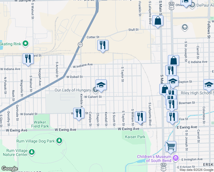 map of restaurants, bars, coffee shops, grocery stores, and more near 1809 South Scott Street in South Bend