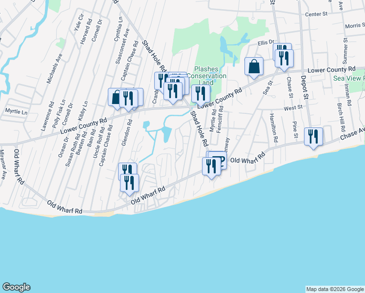 map of restaurants, bars, coffee shops, grocery stores, and more near 258 Old Wharf Road in Dennis