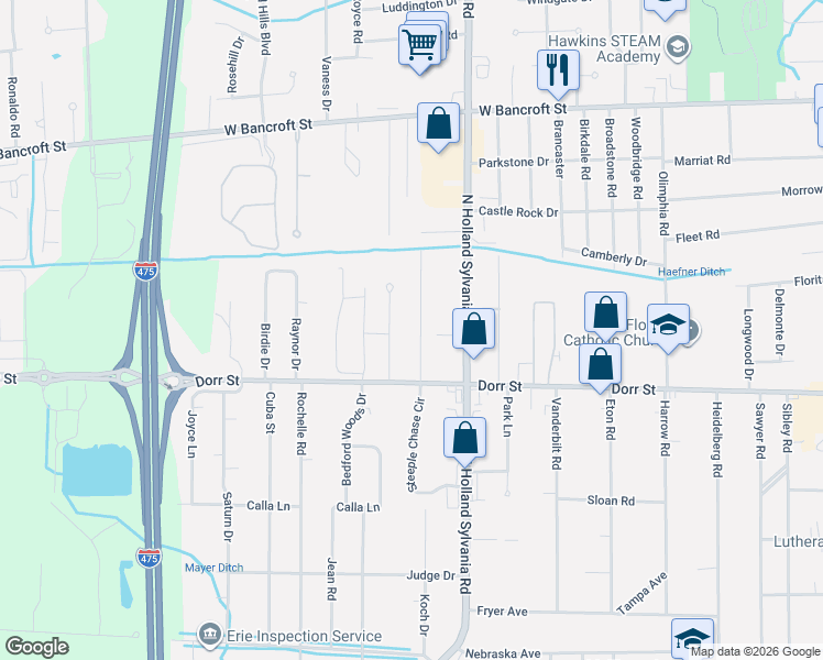 map of restaurants, bars, coffee shops, grocery stores, and more near 1640 London Ridge Court in Toledo