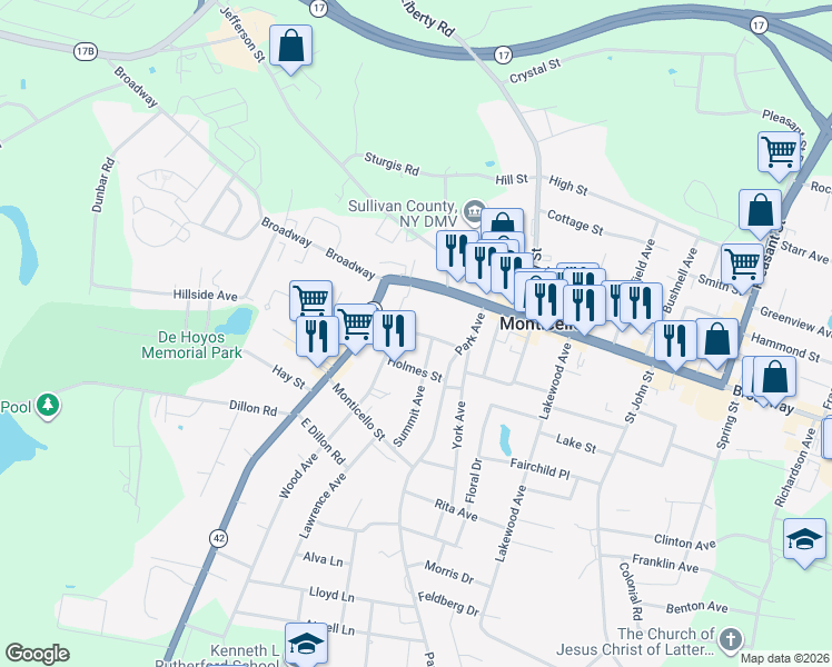 map of restaurants, bars, coffee shops, grocery stores, and more near 15 Osbourne Street in Monticello