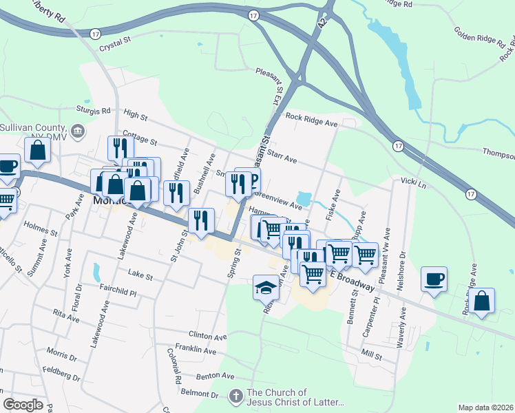 map of restaurants, bars, coffee shops, grocery stores, and more near 8 Hammond Street in Monticello