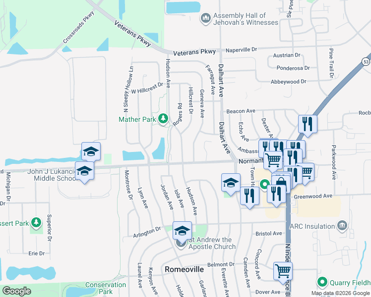 map of restaurants, bars, coffee shops, grocery stores, and more near 704 Geneva Avenue in Romeoville