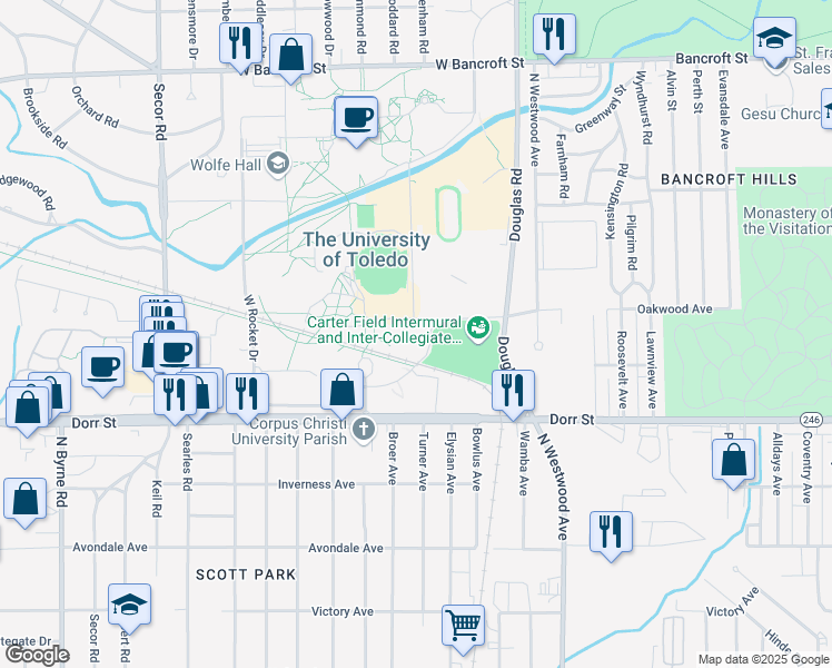 map of restaurants, bars, coffee shops, grocery stores, and more near 2855 North Glass Bowl Drive in Toledo