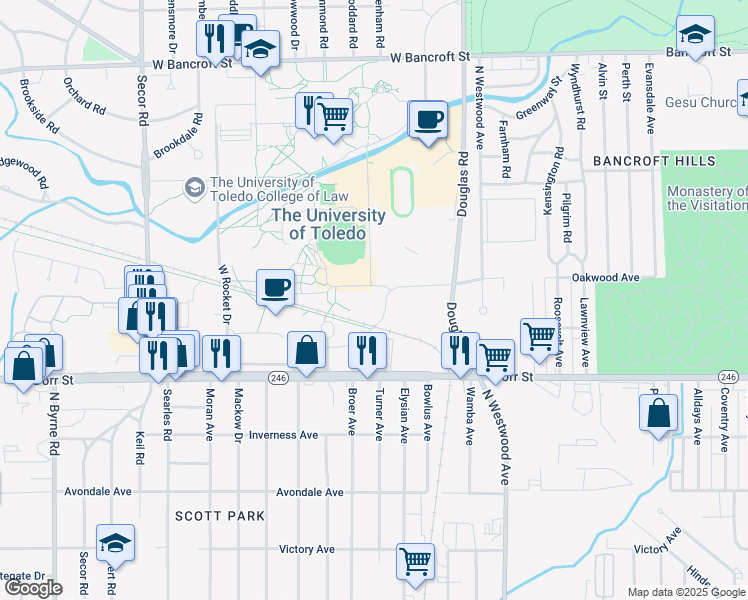 map of restaurants, bars, coffee shops, grocery stores, and more near 2855 North Glass Bowl Drive in Toledo