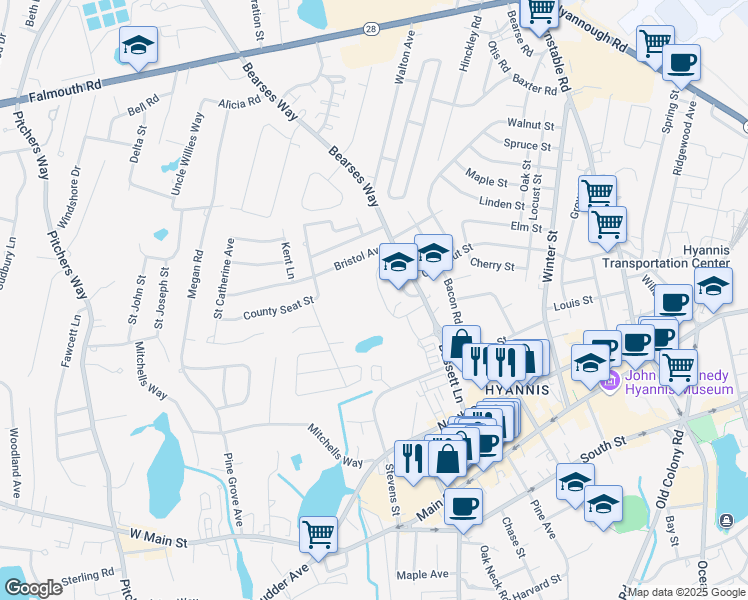 map of restaurants, bars, coffee shops, grocery stores, and more near 165 Bearses Way in Barnstable
