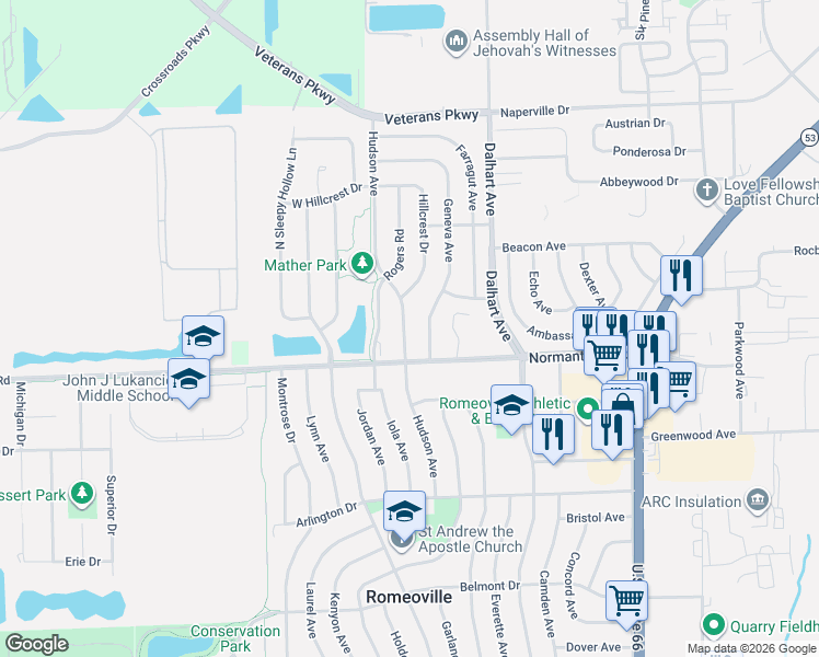 map of restaurants, bars, coffee shops, grocery stores, and more near 709 Hudson Avenue in Romeoville