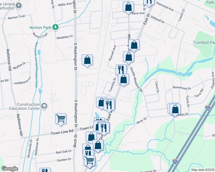 map of restaurants, bars, coffee shops, grocery stores, and more near 53 Twining Street in Plainville