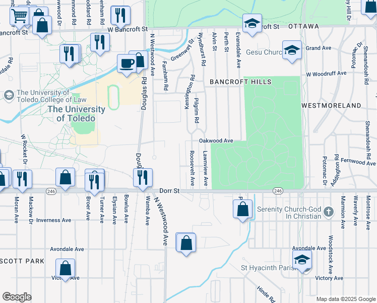 map of restaurants, bars, coffee shops, grocery stores, and more near 1520 Roosevelt Avenue in Toledo