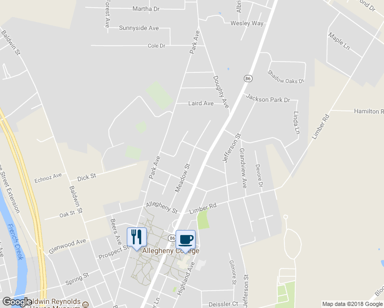 map of restaurants, bars, coffee shops, grocery stores, and more near 275 Meadow Street in Meadville