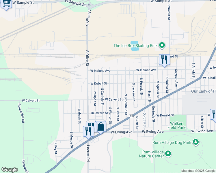 map of restaurants, bars, coffee shops, grocery stores, and more near 1721 South Warren Street in South Bend