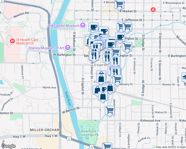 map of restaurants, bars, coffee shops, grocery stores, and more near 500 South Clinton Street in Iowa City