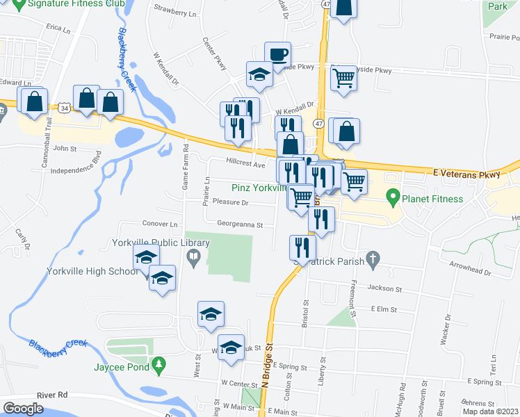 map of restaurants, bars, coffee shops, grocery stores, and more near 206 Pleasure Drive in Yorkville