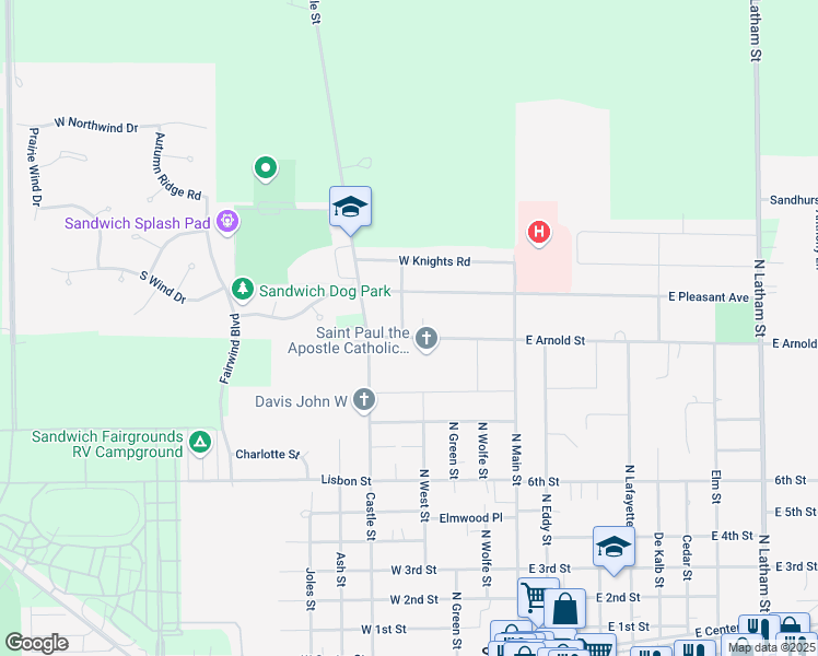 map of restaurants, bars, coffee shops, grocery stores, and more near 1006 Spruce Street in Sandwich