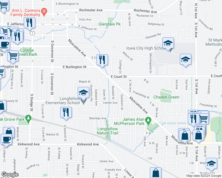 map of restaurants, bars, coffee shops, grocery stores, and more near 501 Rundell Street in Iowa City