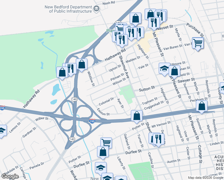 map of restaurants, bars, coffee shops, grocery stores, and more near 434 Loftus Street in New Bedford