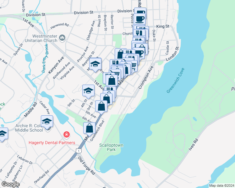 map of restaurants, bars, coffee shops, grocery stores, and more near 41 Rocky Hollow Road in East Greenwich