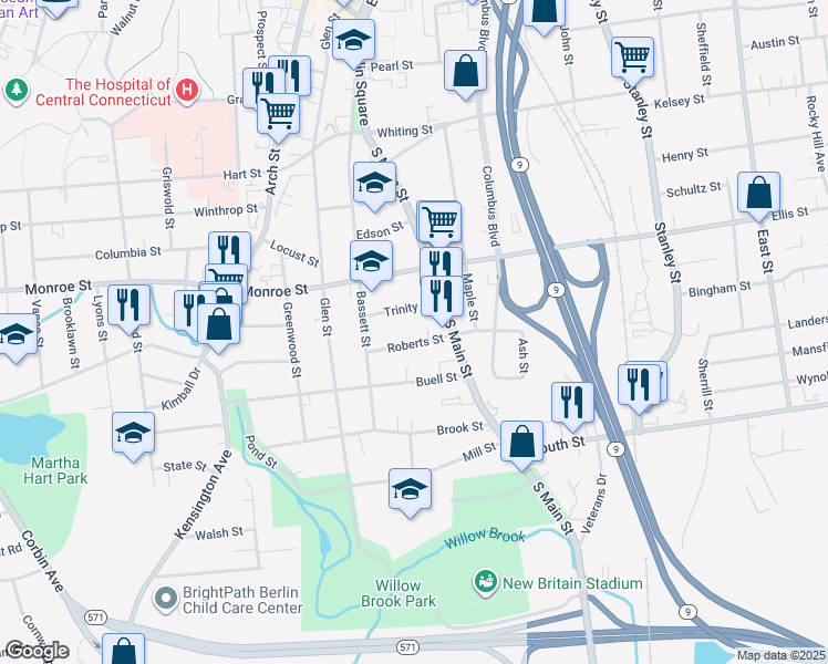 map of restaurants, bars, coffee shops, grocery stores, and more near 30 Roberts Street in New Britain