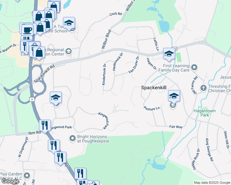 map of restaurants, bars, coffee shops, grocery stores, and more near 12 Holland Court in Poughkeepsie