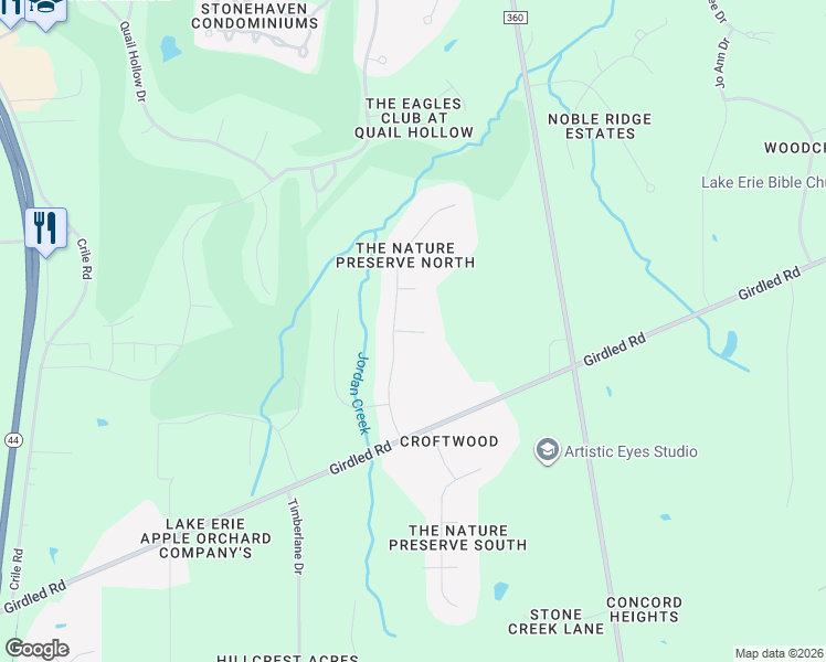 map of restaurants, bars, coffee shops, grocery stores, and more near 11540 Malachite Court in Painesville